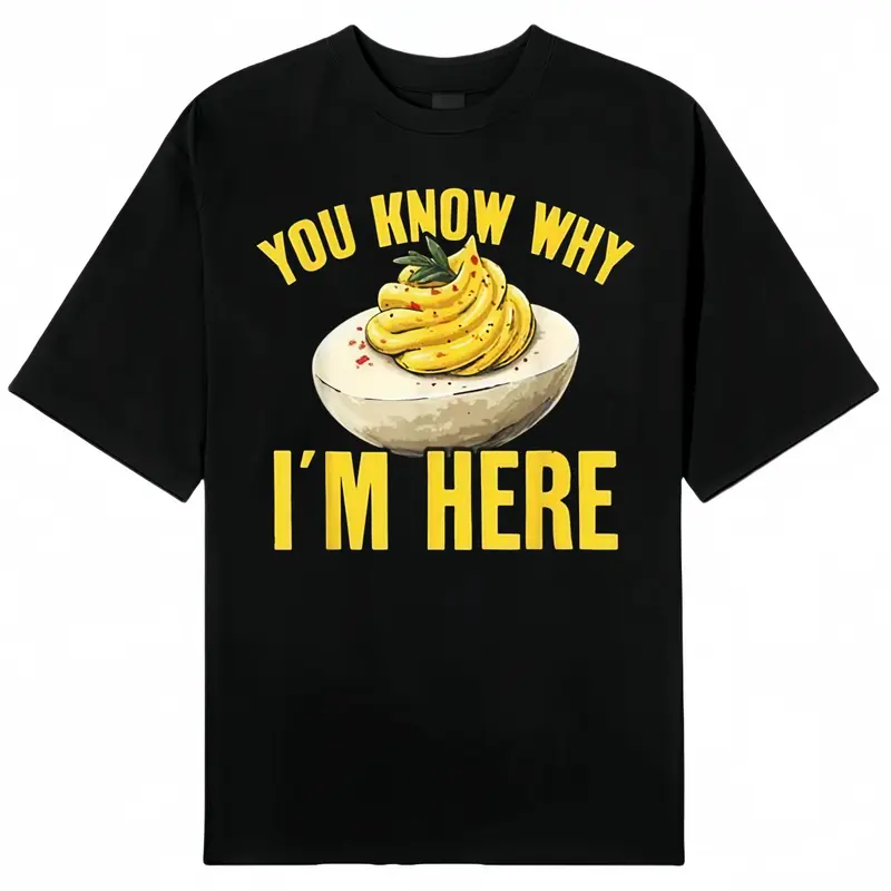 Men's Black Crewneck Cotton T-Shirt - Relaxed Fit, Classic, Breathable, Soft, Comfy Shortsleeve Fabric, Retro Thanksgiving Deviled Egg "You Know Why I'm Here" Streetwear Top