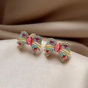 Women's Vintage Minimalist Bow Stud Earrings - Glittering Blue Synthetic Zirconia-Embedded, Lightweight Elegant Luxury Jewelry, Comfortable Daily-Party Accessory, Thoughtful Gift, Earring for Women