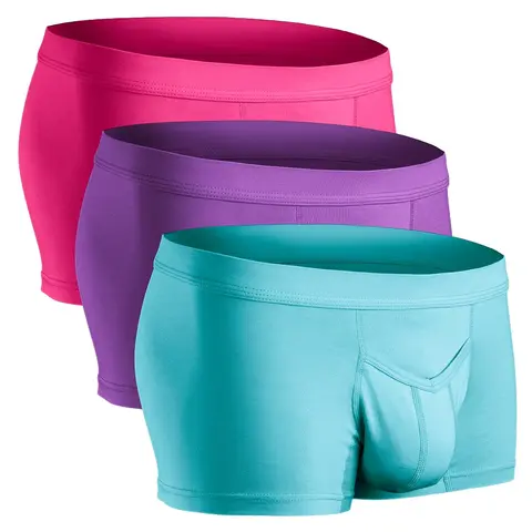 Modal 3in Boxer Briefs V-Fly 3pk Pink/Purple/Turquoise Fabric Man Menswear Underwear Day Set Smooth Stylish Big Pocket Clothing Plain Breathable Undergarments Silk