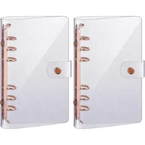 2 count Clear A6 Binder Glitter A6 Budget Binder PVC 6 Ring Cover Rose  Soft Notebook Transparent Shell Snap Button Closure Loose Leaf Folder for School Office Refillable Travel Meeting