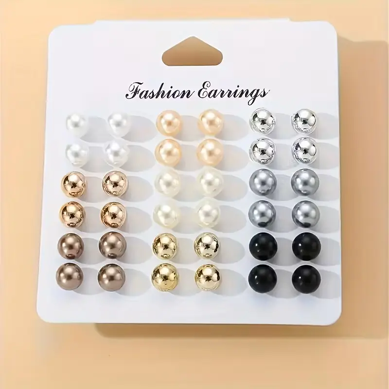 12 Pairs Pearl Stud Earrings Set | Gold Silver Black White Round Ball Studs | Classic Minimalist Fashion Jewelry for Women & Girls | Everyday Earrings, Work, School, Wedding, Gift, Trendy Accessories