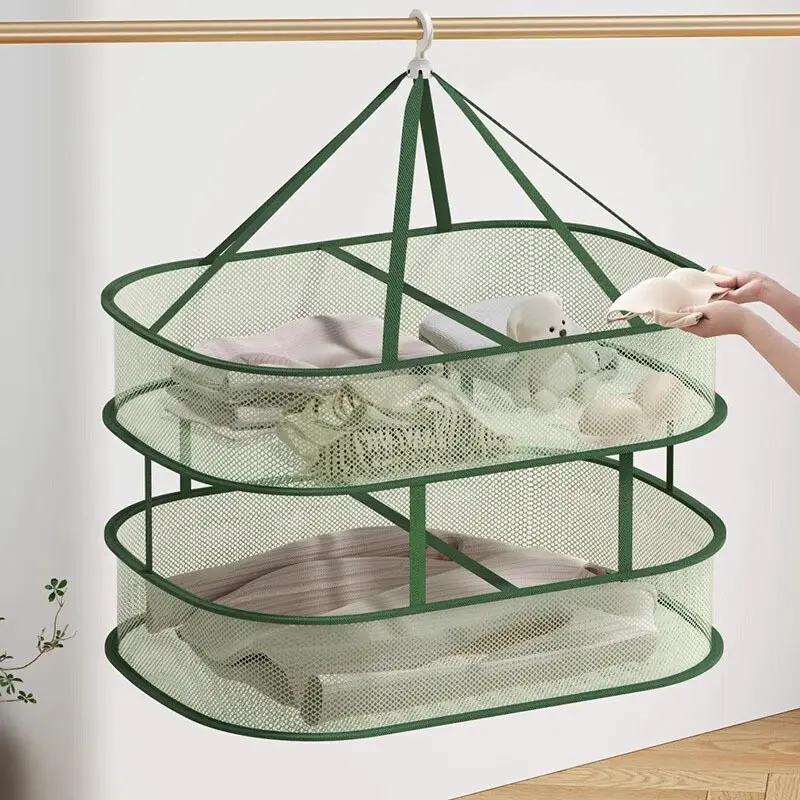 Clothes Baskets Flat Fabric Windproof Deformation Proof Laundry Rack Multi Functional Mesh Socks Artifact Factory Wholesale Extra Large Green Single Layer 77Cm