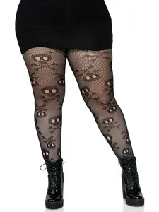 Leg Avenue Women's Plus Size Pirate Booty Fishnet Tights - Black, 1X-2X, Cute Skull Halloween Costume Accessory, Stretchy Breathable Fabric