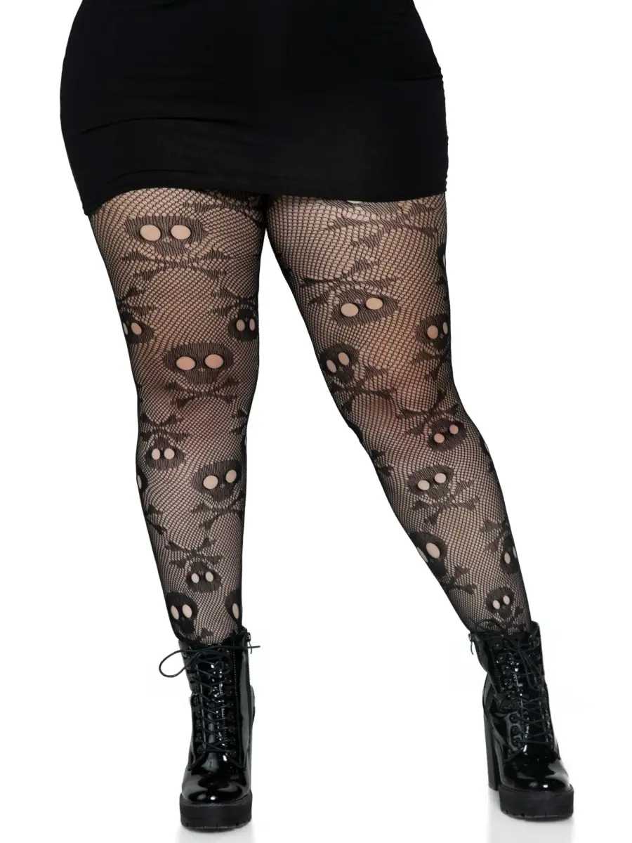Leg Avenue Women's Plus Size Pirate Booty Fishnet Tights, Cute Stretchy Novelty Hosiery with Reinforced Toe, Black 1X-2X, Costume, Fabric
