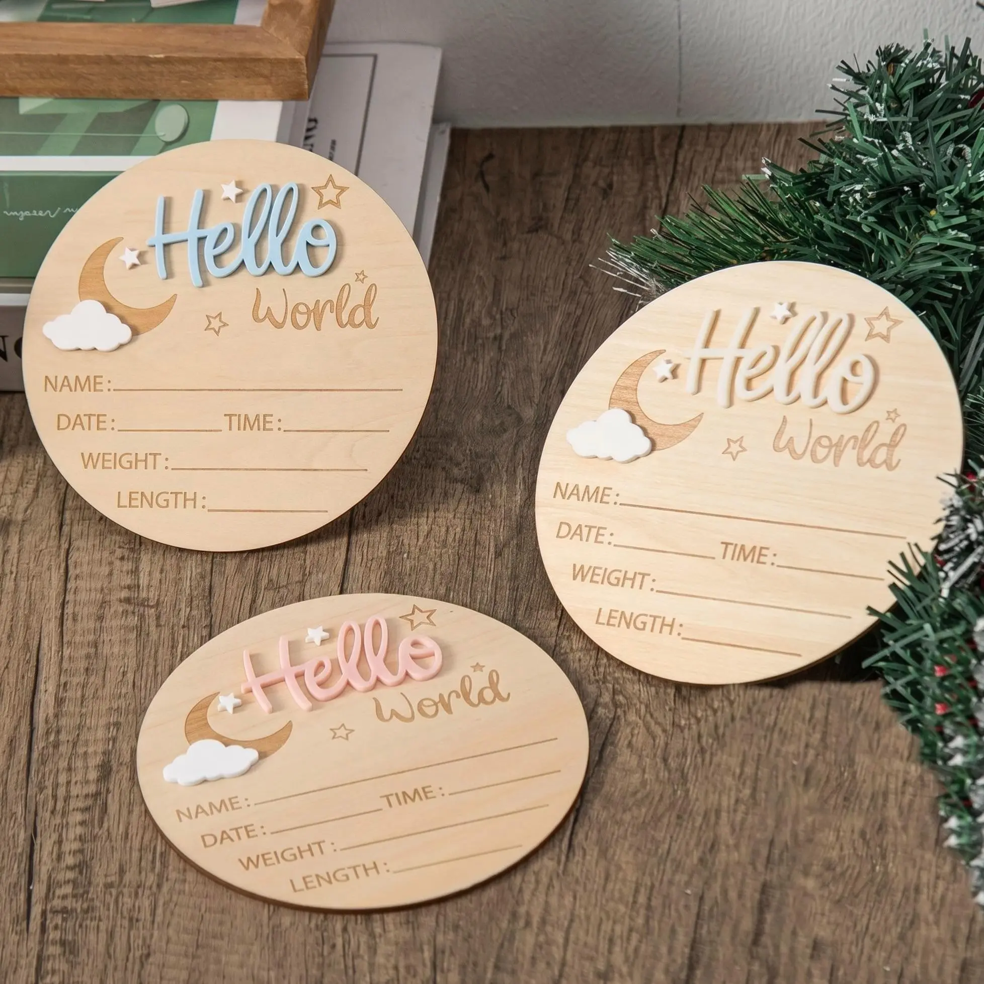Wooden Hello World Milestone Birth Announcement Sign with Star & Cloud Decor, Vintage Wooden Letter Plaque, Decorative Plaque, Indoor Home Decoration, Personalized Baby Shower & Easter Gift, Father's Day