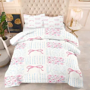 Soft Girl Aesthetic Pink Bow Floral Comforter Set,Includes 1 Comforter & 1-2 Pillowcases,Warm Yet Lightweight All Season Bedding Set,for Teen Girls Bedroom Dorm Apartment Decor,Ideal Gift for Coquette Style Fans