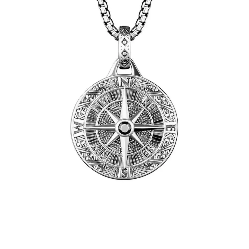 Men’s Stainless Steel Compass Necklace, Polished Medallion Pendant With Waterproof Design For Streetwear And Anniversary Birthday Gifts