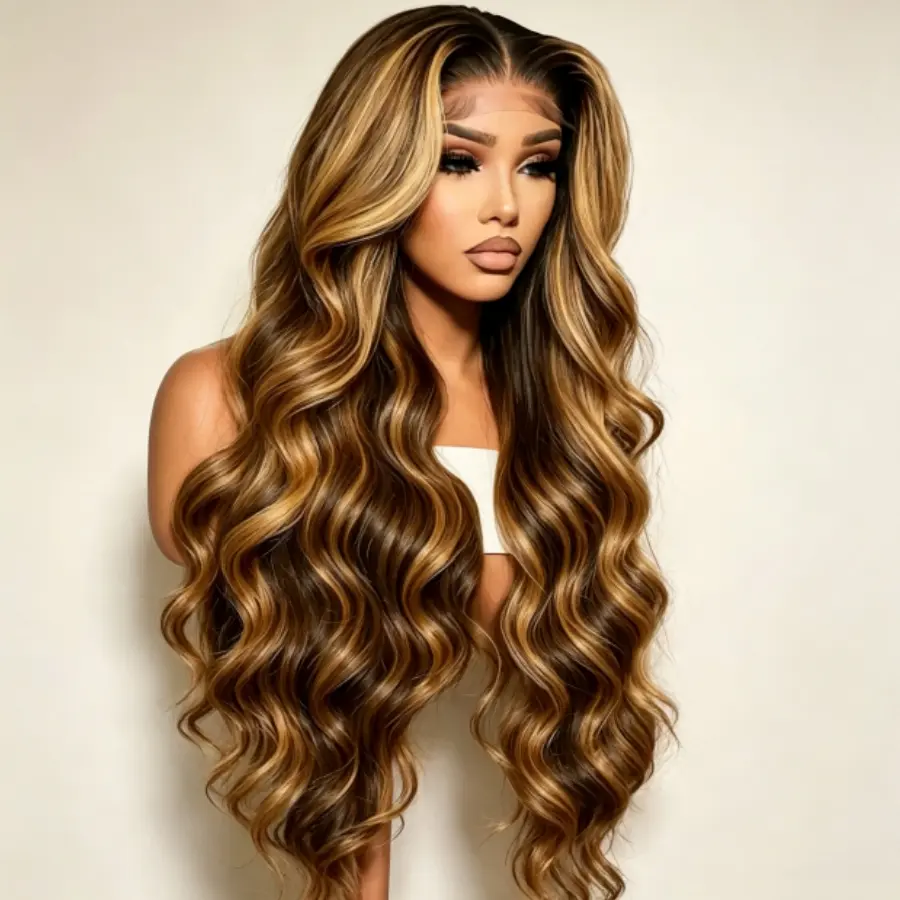 Honey Blonde Wig Human Hair 13x6 HD Body Wave Lace Front Wigs Human Hair Ombre Highlight Wig Human Hair 4/27 Colored Glueless Lace Frontal Wigs Human Hair Pre Plucked with Baby Hair