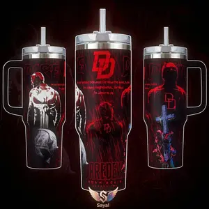 Daredevil Born Again Season Two 40 oz Vacuum Insulated Tumbler with Handle Straw Red Black DD Logo Graphic Keeps Drinks Hot/Cold 12H+ 18/8 Stainless Steel Tumbler Gift, Vintage Tumbler 40oz, Gift for him, her