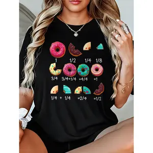 Math Donut Fraction Print Back to School Teacher Gift Women's Crew Neck Short Sleeve 100% Cotton T-Shirt