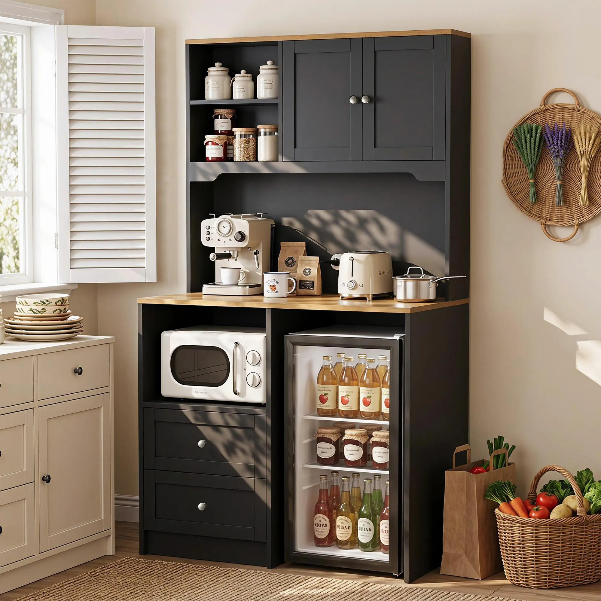 White Rectangular Sideboard Cabinet - Multi-Compartment Freestanding Indoor Furniture with Open Storage, Sturdy Base for Living Room Kitchen Buffet or Coffee Bar
