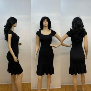 Elegant Black Short Sleeve Dress with Square Neckline & Flounce Hem for Women