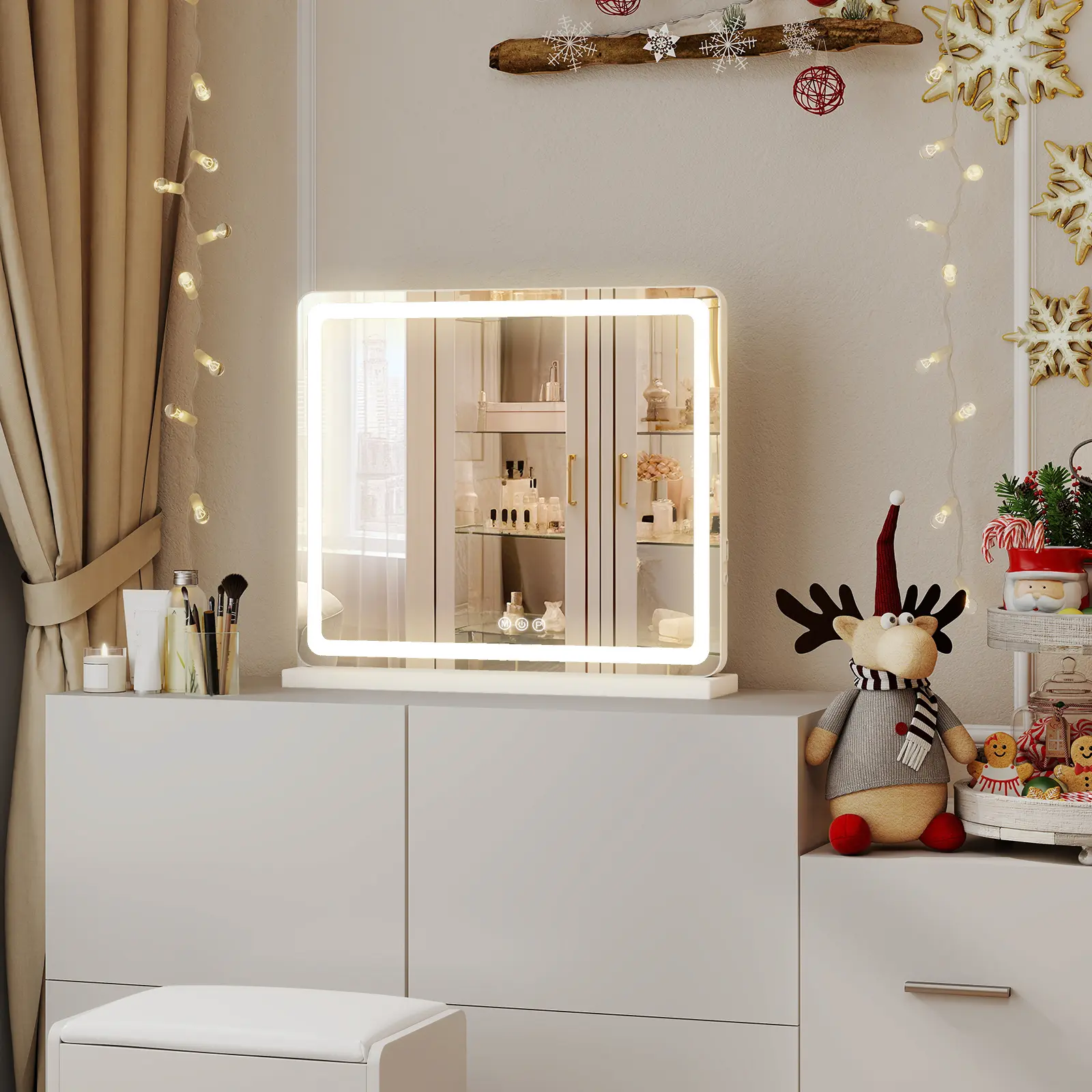 Vanity Mirror with Lights, 19"x22" Portable LED Mirror, 3 Dimmable Color Modes, Memory Function, USB Powered for Desk Dorm Travel