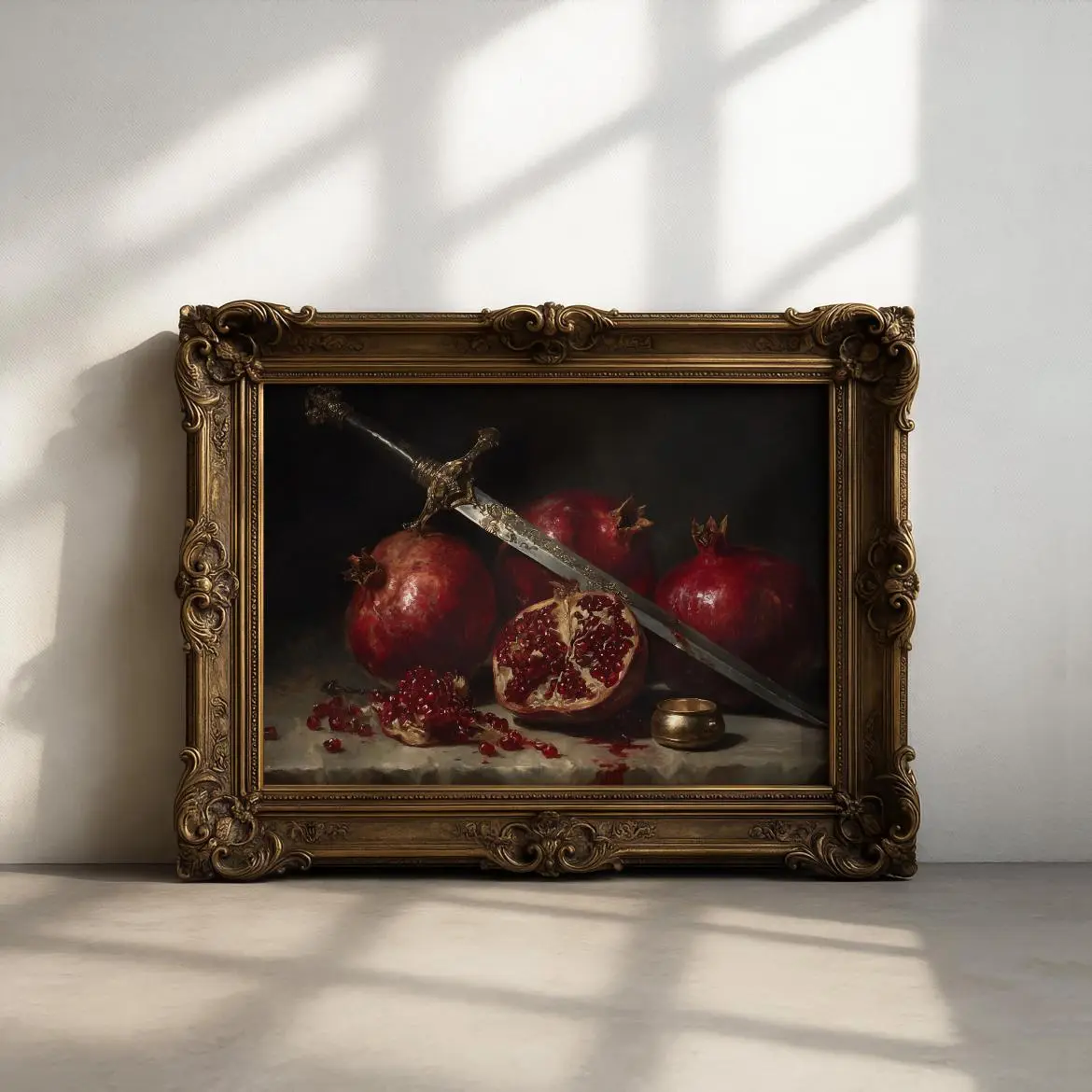Pomegranate Dark Academia printable art, Sword and Fruit Oil Painting, Dramatic Baroque Decor, Vintage Gothic Kitchen, Ready to Go, No Effort Needed, Clean Lines, Minimalist Look