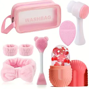 8-piece facial care tool set: soft velvet headband, face washing wristband, Facial cleanser brush, silicone cleansing brush, silicone exfoliating brush, pore cleaner, toiletry bag, makeup bag, suitable for all skin types, convenient to carry