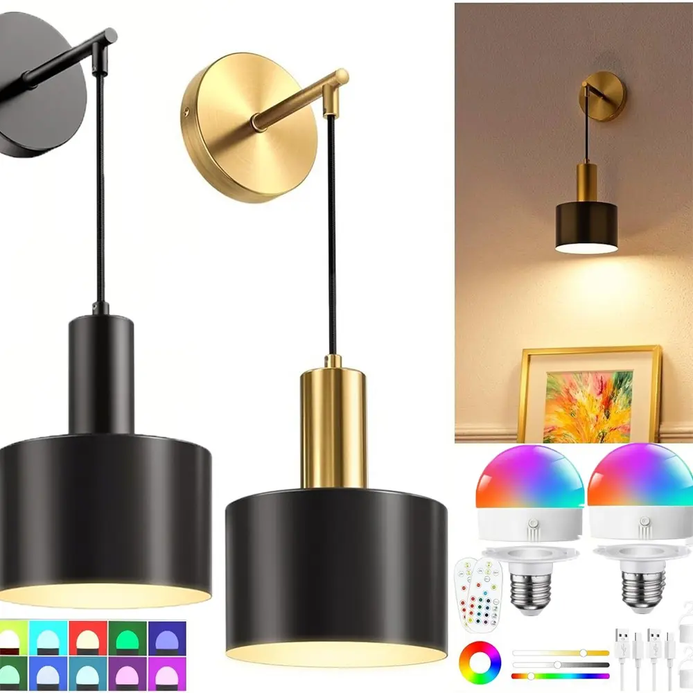 Vintage Battery-Powered Wall Lamp Set, Gold/ Wireless Charging, Adjustable Bulb & Remote, Ideal for Bedroom, Living Room, Hallway, Study