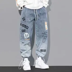 Jeans Men'S Spring And Autumn Graffiti Plus Size Korean Fashion All-Matching Harem Pants Fashion Lazy Tie-Dyed Ankle Banded Pants Fashion Streetwear Denim