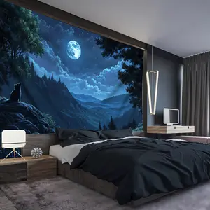 [Dreamy Forest Tapestry] 1pc Extra Large Polyester Dreamy Forest Moonlit Night Scene Tapestry - Aesthetic HD Print Wall Hanging for Living Room, Bedroom, Office Decor |       Enchanting Night Scene |       Plush Texture |       Easy Install, No Power Requ