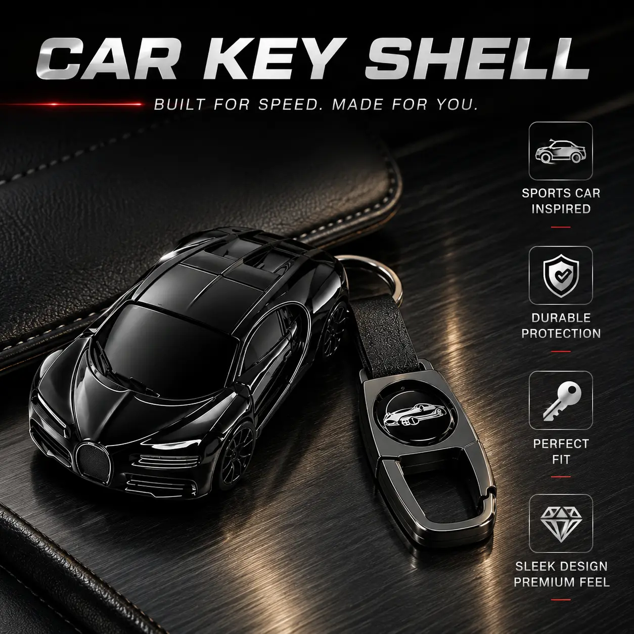 Car Key Cover Case with Keychain for Honda, Car Shaped Key Shell Fits Accord Civic CR-V Pilot Odyssey Passport, Glossy Black Remote Key Holder, Sports Style Auto Accessories, Keychain Gift for Drivers