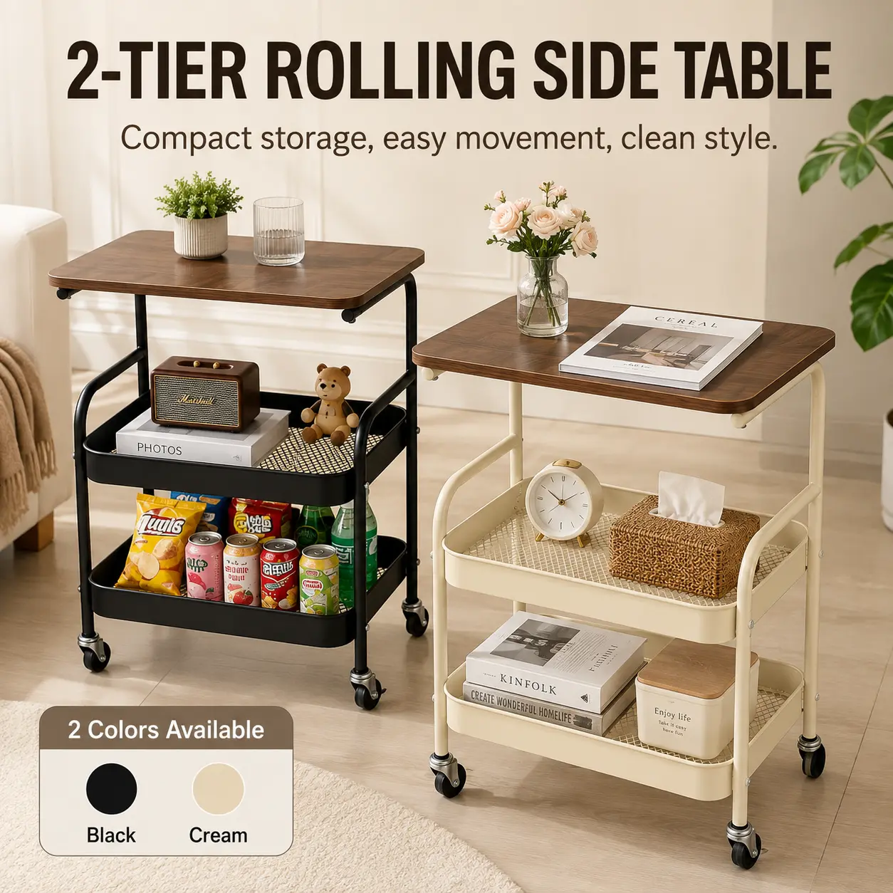 Modern 2-Tier Rolling Side Table with Storage Baskets, Black Stainless Steel Frame & Wood Top, Mobile End Table Cart for Living Room, Bedroom, Sofa Side, Office,White