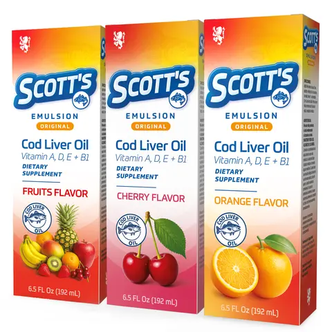 Scott's Emulsion Cod Liver Oil for Kids Variety Pack | Omega-3, Vitaminas A y D para Ninos | Sabores Surtidos, 3 Frascos de 6.5 Fl Oz