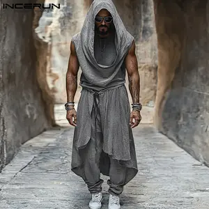 INCERUN Men's Street Fashion Suits Swing Collar Hoodies Tanks Elastic Waist Patchwork Trousers Sets