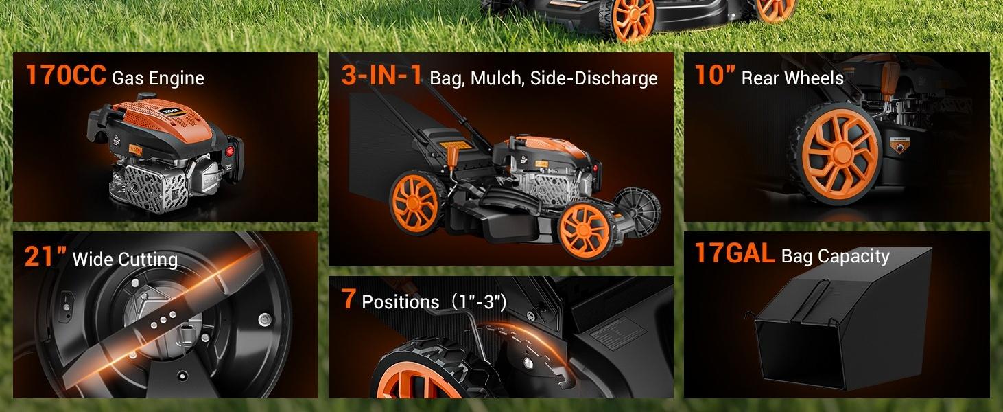 Efurden 21" Self-Propelled Gas Lawn Mower, 170cc 4-Stroke Engine, 7-Position Cutting Height, 3-in-1 Versatile Mulching Bagging Discharging, 1.9 Bushels Large Grass Collector