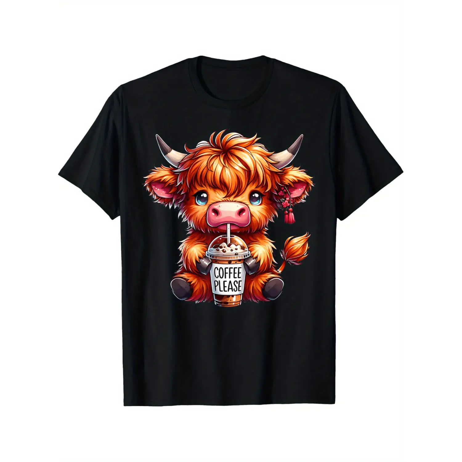 Scottish Highland Cow Hairy Cattle Funny T Shirt Soft Cotton DIY Patterns Casual Versatile Halloween Christmas Couple Outfit Black