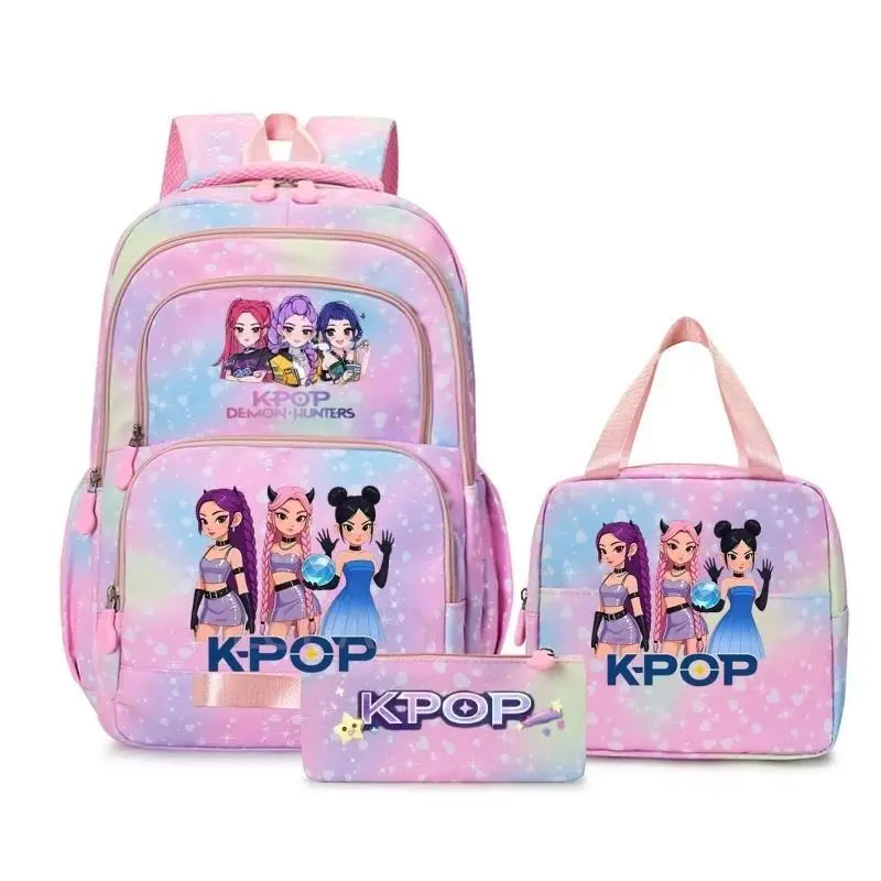 Pastel Rainbow Gradient Heart‑Star K‑POP Anime Hunters Cartoon 3‑Piece Backpack Set, Multi‑Pocket Girls School Bookbag, Matching Lunch Tote Bag and Zipper Pencil Pouch, Teen Girls Casual Travel Daypack