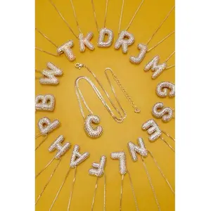 Gold-Tone Initial Pave Rhinestone Bubble Balloon Necklace with Personalized Charm - Custom Initial Non-Natural Crystal Jewelry for Special Occasions
