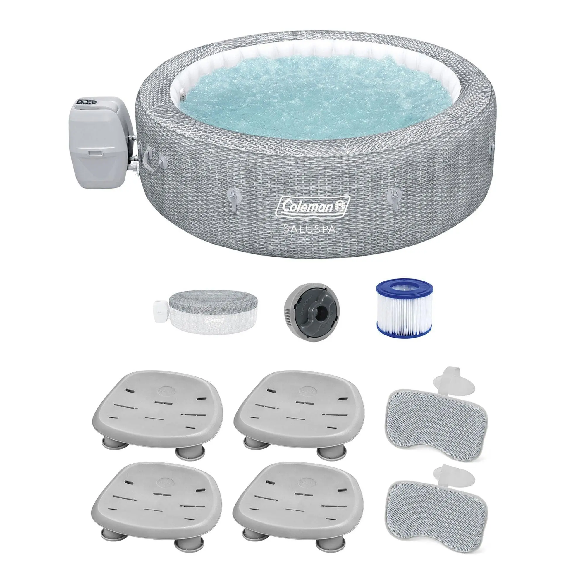 Coleman Saluspa Sicily AirJet Hot Tub & 4 Saluspa Pool/Spa Seat & 2 Pillows Coleman Saluspa Sicily AirJet Hot Tub & 4 Saluspa Pool/Spa Seat & 2 Pillows