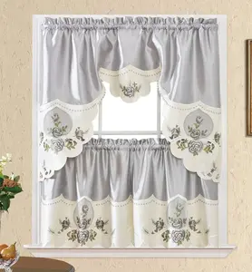Rose Melody. 3 count Kitchen Cafe Curtain Set.Farmhouse Swag and 24 inches Tiers Set for Small Windows. Nice Matching Color Rose Embroidery on Border and Inserted Organza. ( Grey)
