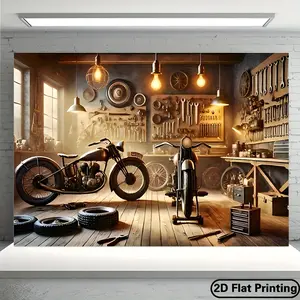 Motorcycle & Garage Theme Backdrop – Retro Workshop Style Tapestry, Wall Hanging, Photography Background, Polyester HD Print, Living Room, Office, Party, Decor