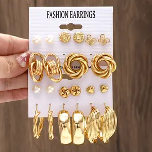 [Golden Earring Set] 11-Pair Golden Earring Set for Women - Zinc Alloy Earrings in Different Shapes - Daily Wear & Holiday Gifts