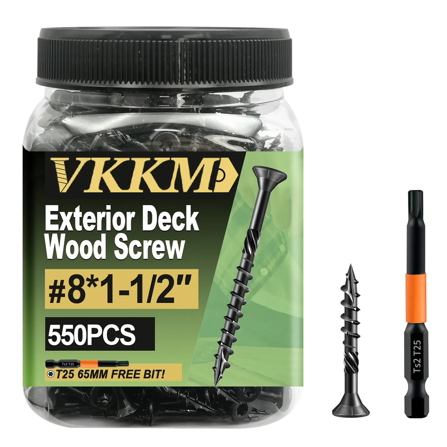 Deck wood screws, outdoor self-tapping screws, with external epoxy coating for rust prevention, sizes #8 and #10, Torx drive head, including T25 star-shaped screwdriver bit, in black