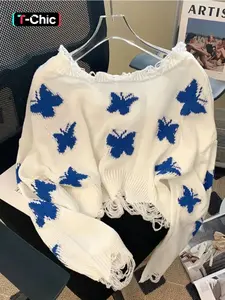 Women's Y2K Butterfly Print Ripped Drop Shoulder Long Sleeve Knitted Sweater, Elegant Fashion Casual Crew Neck Jumper Fit for Daily Holiday Wear, Women Knitwear for Spring & Fall, Tops