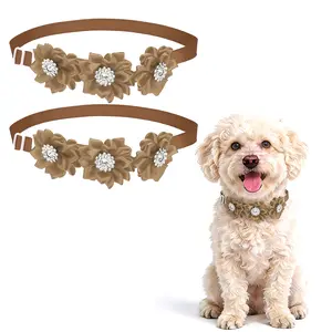 PETAXCELL Dog Bowtie Flower Collar, Adjustable Bow Ties for Dogs Flower with Diamond Bowtie Cat Grooming Accessories,(2pcs, Khaki)/ Intended for Puppies/Kitten/Wedding/Birthday/Party