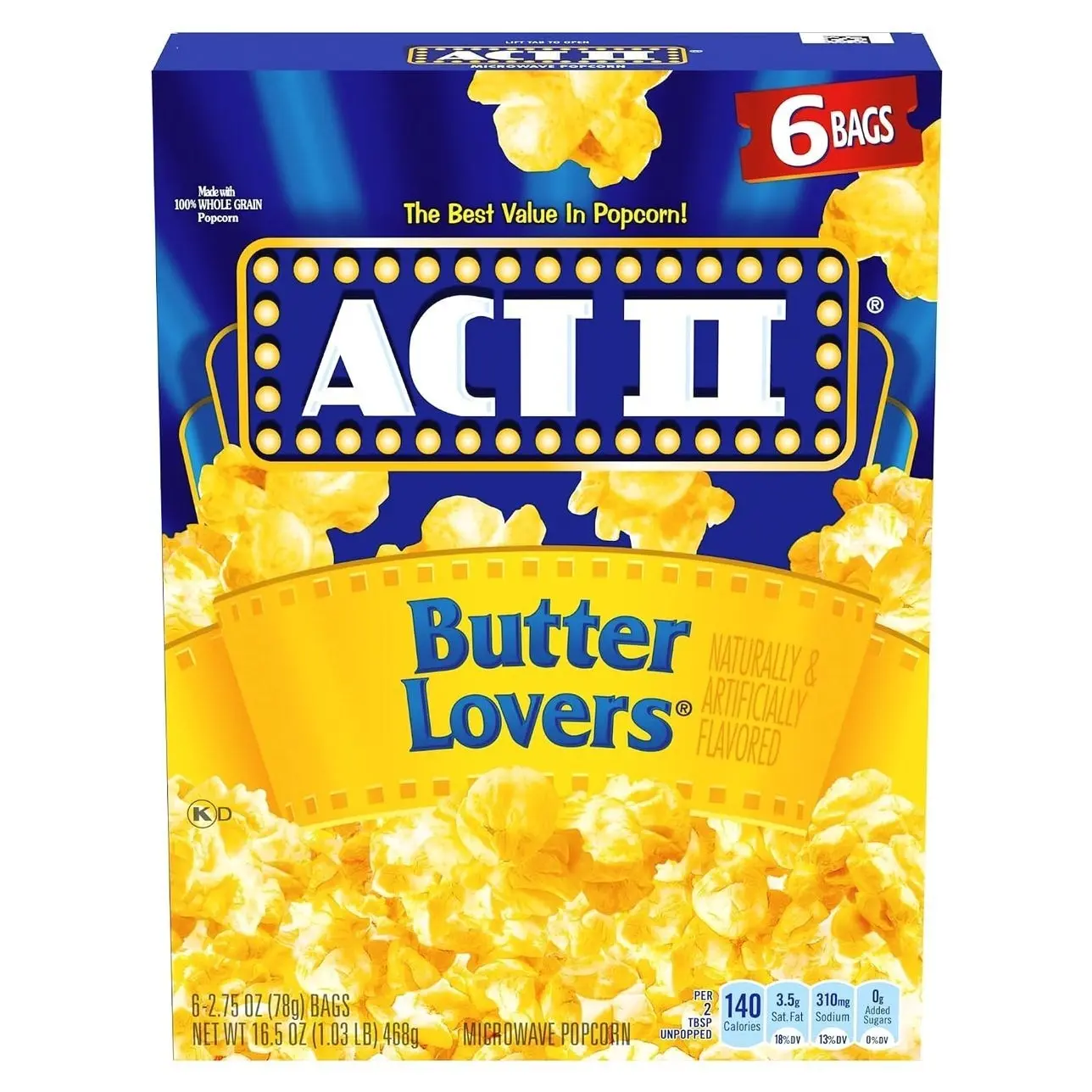 Act II Butter Lovers Microwave Popcorn, 2.75 oz, 6-Count Bags