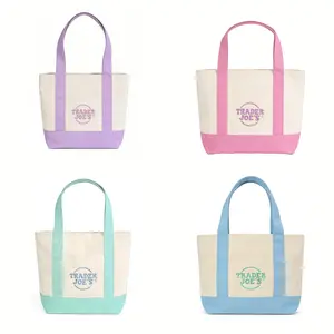 Trader Joe’s Floral Tote Bag - Aesthetic Open Top Two-Tone Canvas Handbag with External Pocket, Large Capacity Reusable Grocery Bag, Heavy Duty Toy Storage & Daily Essentials Shoulder Bag for Work, Shopping & Travel - Eco-Friendly Minimalist Canvas Shoppe