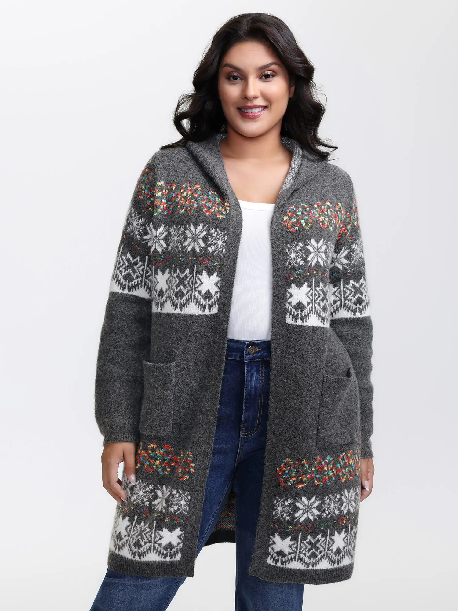 BLOOMCHIC Women's Plus Size Boho Floral Jacquard Hooded Knit Tunic Cardigan Top - Breathable Acrylic-Spandex Army Fabric, Comfy Long Sleeves, Pocket, Loose-Fitting, Ethnic Style, 1-6X, Everyday Casual Summer Knitwear, Low Iron, Hand Wash, Do Not Dry Clean