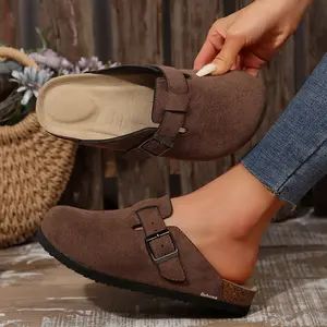 Womens Suede Slippers Suede Clogs Mules Cork Footbed Sandals with Adjustable Buckle Indoor Outdoor Shoes Brown