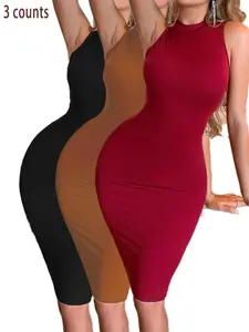 Women's Solid Color Round Neck Bodycon Dress, Bodycon Fit Dress, Casual Fashion Sleeveless Dress for Daily Outdoor Wear, Ladies Clothes for All Seasons