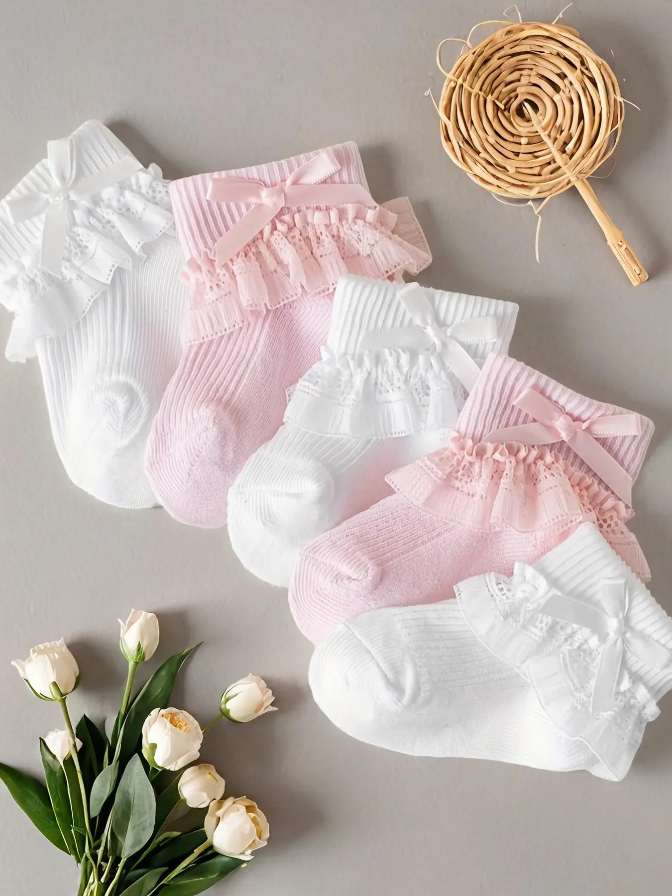 Girl's Solid Color Bow Decor Lace Ruffle Trim Knit Ankle Socks, Cute Comfy Breathable Soft Socks for Daily Wear, Kid's Socks for All Seasons, Socks Set