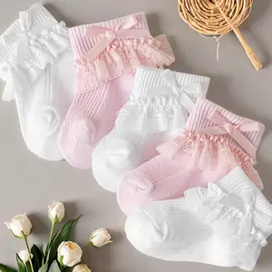 Girl's Solid Color Bow Decor Lace Ruffle Trim Ankle Socks, Cute Comfy Breathable Socks for Daily Wear, Kid's Socks for All Seasons, Socks Set