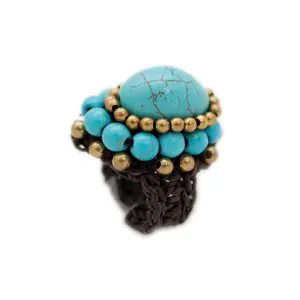 TFJ Women Ring Bohemian Fashion Ethnic Jewelry Size 8 Band Turquoise Blue Gold Beads Vintage