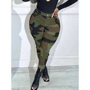 American Fashion Women'S Camouflage Tight Stretch Button Jeans Pants Denim