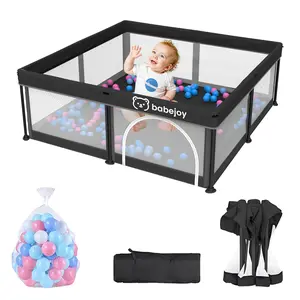 Babejoy Foldable Baby Playpen with Play Mat, Breathable Mesh Play Yard with Gate, Includes 50 Ocean Balls, Portable for Travel，#DealsForYouDays