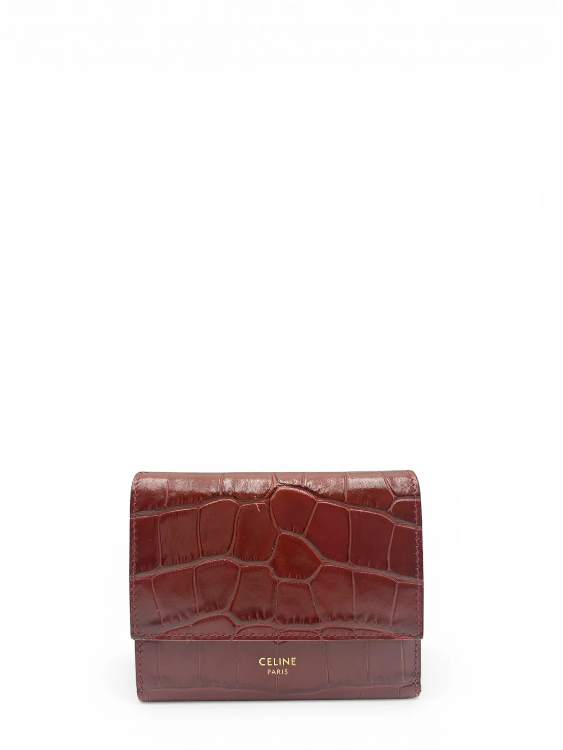 Pre-owned Celine LEATHER Small Leather Goods CROC EMBOSSED BURGUNDY COMPACT WALLET