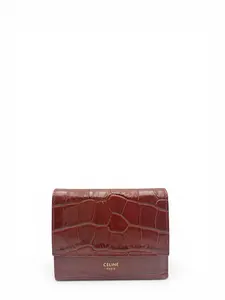Pre-owned Celine LEATHER Small Leather Goods CROC EMBOSSED BURGUNDY COMPACT WALLET