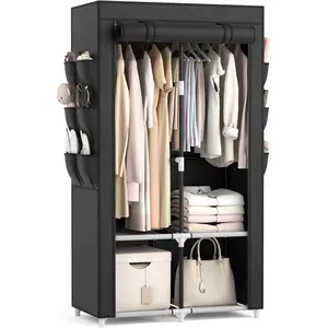 Portable Closet Wardrobe for Hanging Clothes with 4 Storage Shelves, 2 Hanging Rods and 6 Pockets, Stable and Easy Assembly Clothes Rack with Cover Free Standing Closet for Bedroom, Black